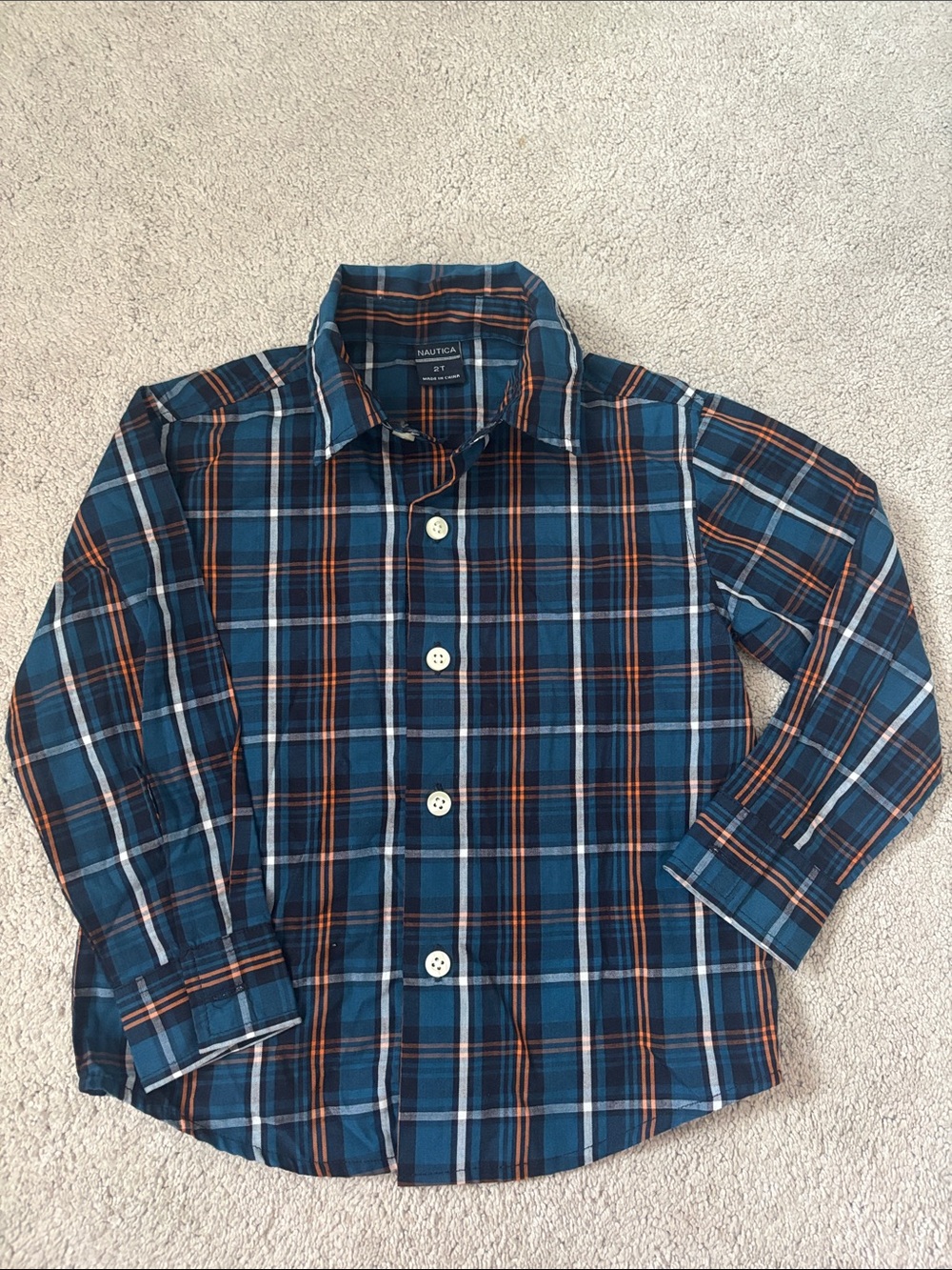 Nautica Blue Plaid Button-Down Shirt with Orange Accents